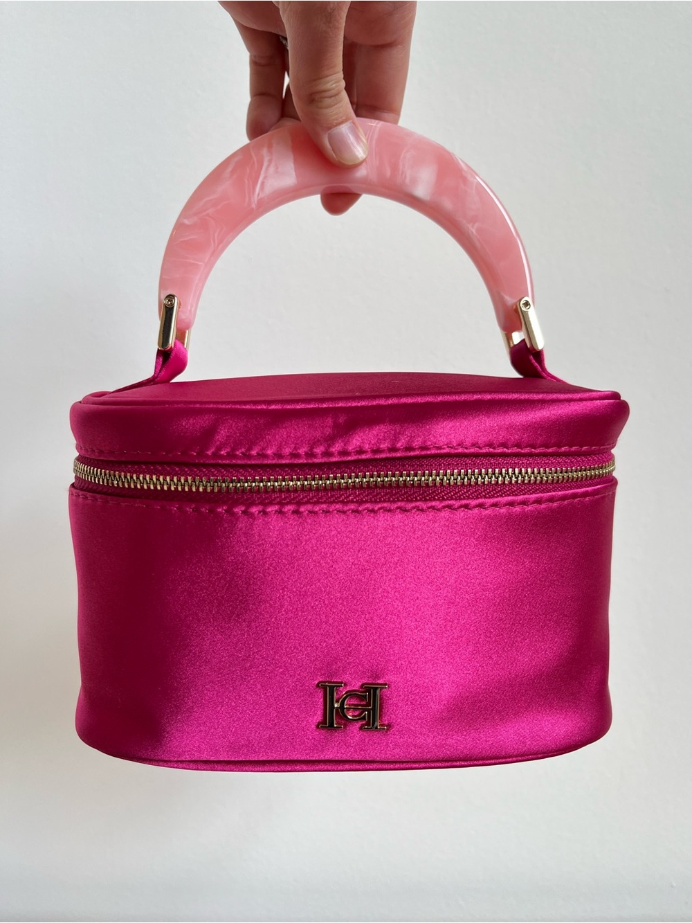 Carolina Herrera Satin Top-Handle Vanity Bag with Pink Resin Handle